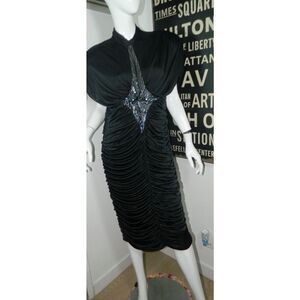 Abby‎ Kent Dress Small Black Ruched  Beaded Sequin Cocktail Cape Draped
